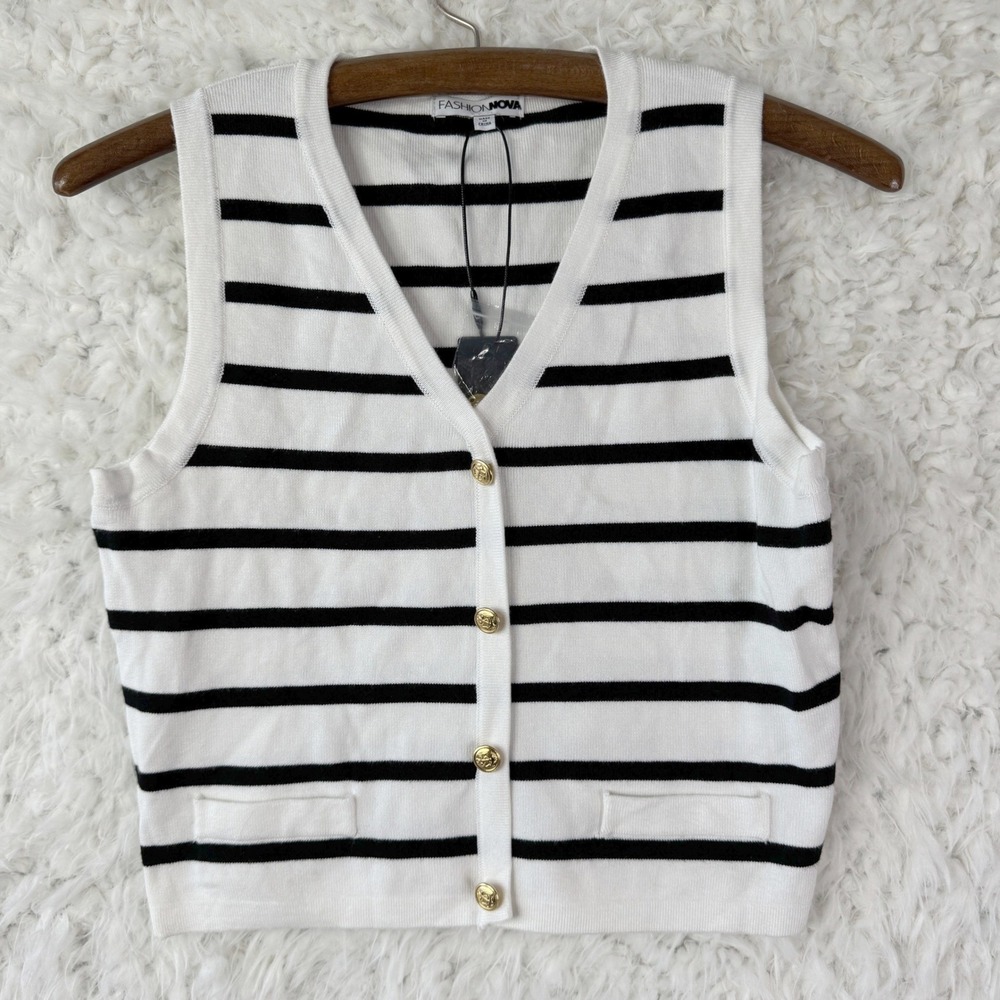 Fashion Nova White and Black Striped Knit Vest